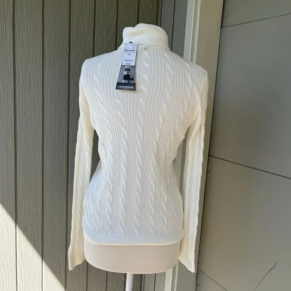 Lands’ End Lighthouse Ivory Cotton Cable Knit Turtleneck Sweater NWT M
